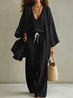 Brisa | Conjunto de lino: kimono, top y pantalón wide leg