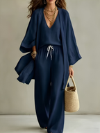 Brisa | Conjunto de lino: kimono, top y pantalón wide leg