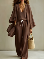 Brisa | Conjunto de lino: kimono, top y pantalón wide leg