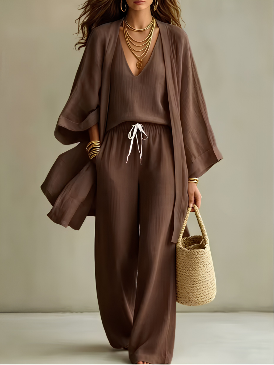 Brisa | Conjunto de lino: kimono, top y pantalón wide leg