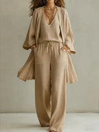 Brisa | Conjunto de lino: kimono, top y pantalón wide leg