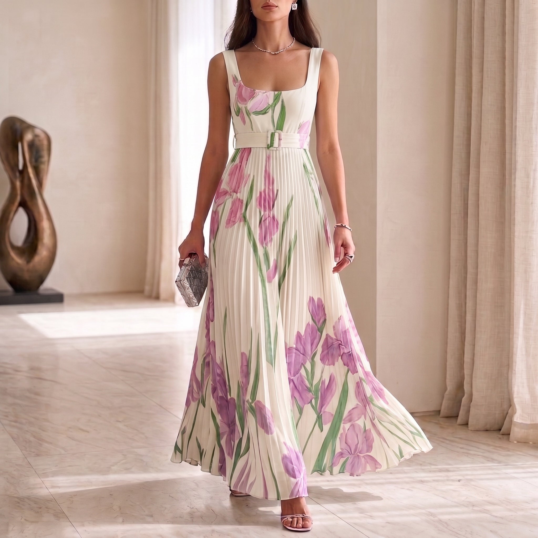 Iris —  Vestido Plisado Floral Escote Cuadrado, Colección Verano