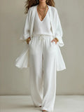 Brisa | Conjunto de lino: kimono, top y pantalón wide leg