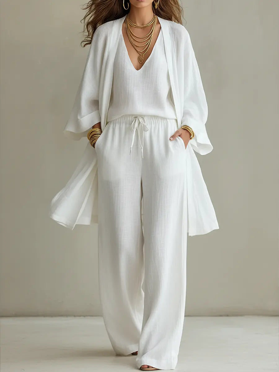 Brisa | Conjunto de lino: kimono, top y pantalón wide leg