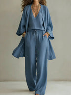 Brisa | Conjunto de lino: kimono, top y pantalón wide leg