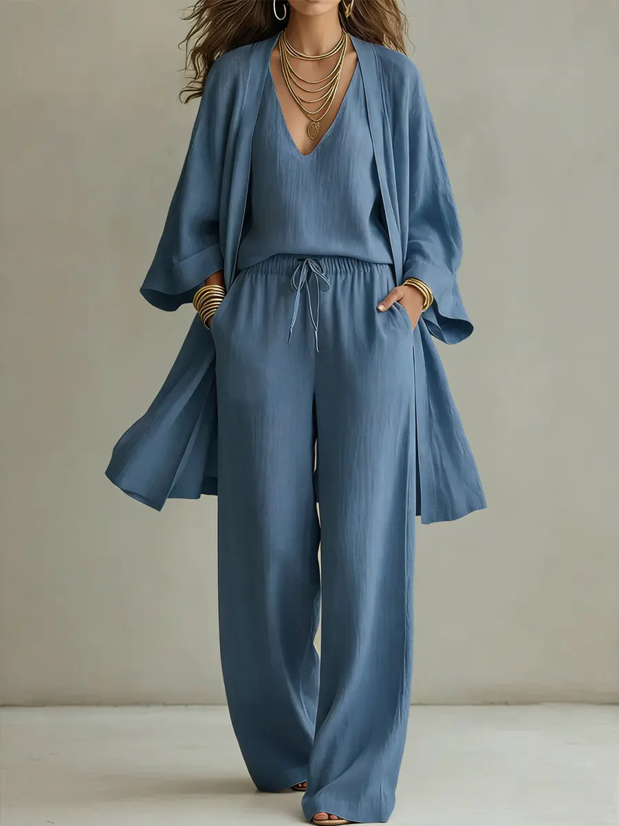 Brisa | Conjunto de lino: kimono, top y pantalón wide leg