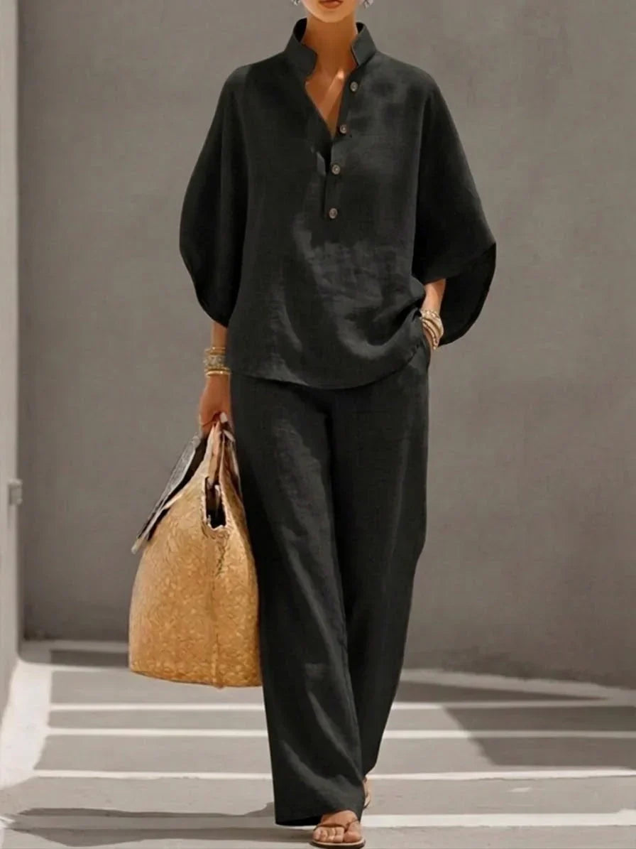 Arena |  Conjunto de lino camisa cuello mao y pantalón wide leg