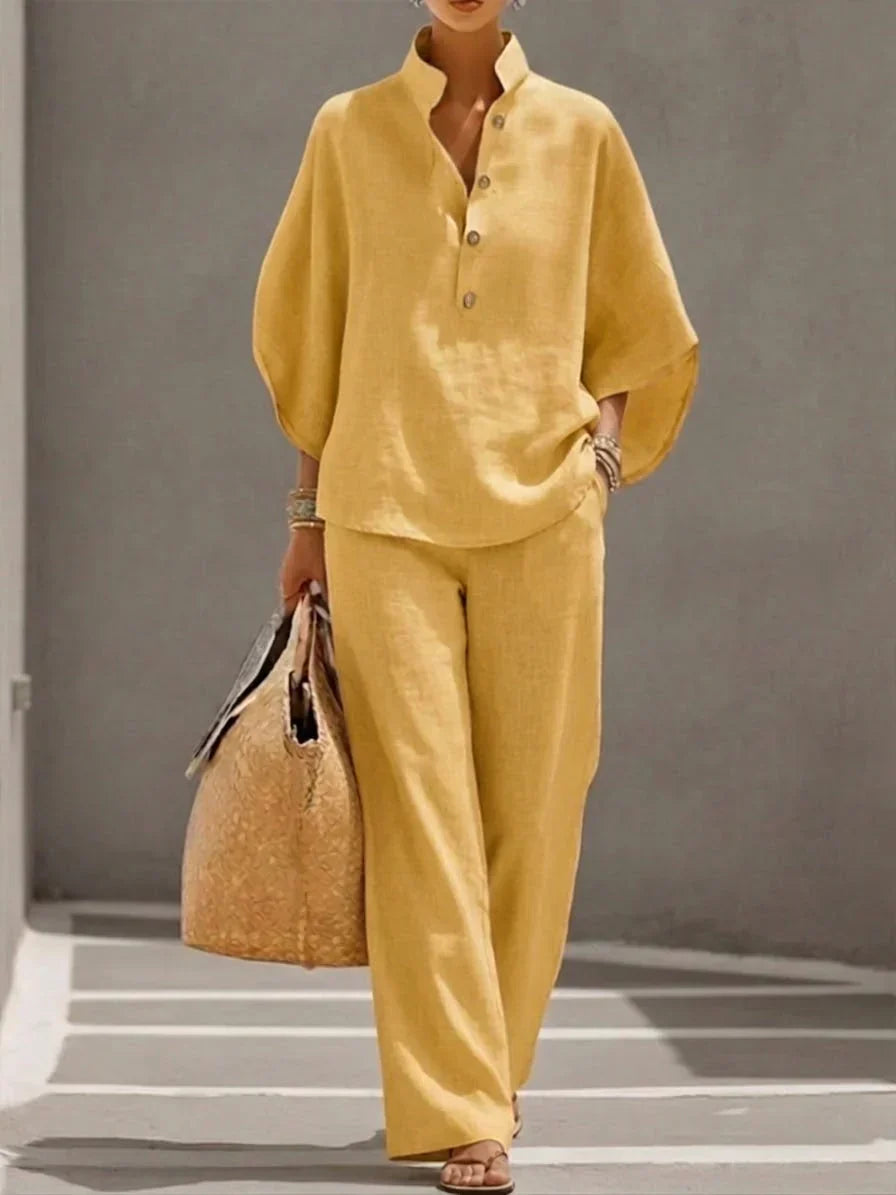 Arena |  Conjunto de lino camisa cuello mao y pantalón wide leg