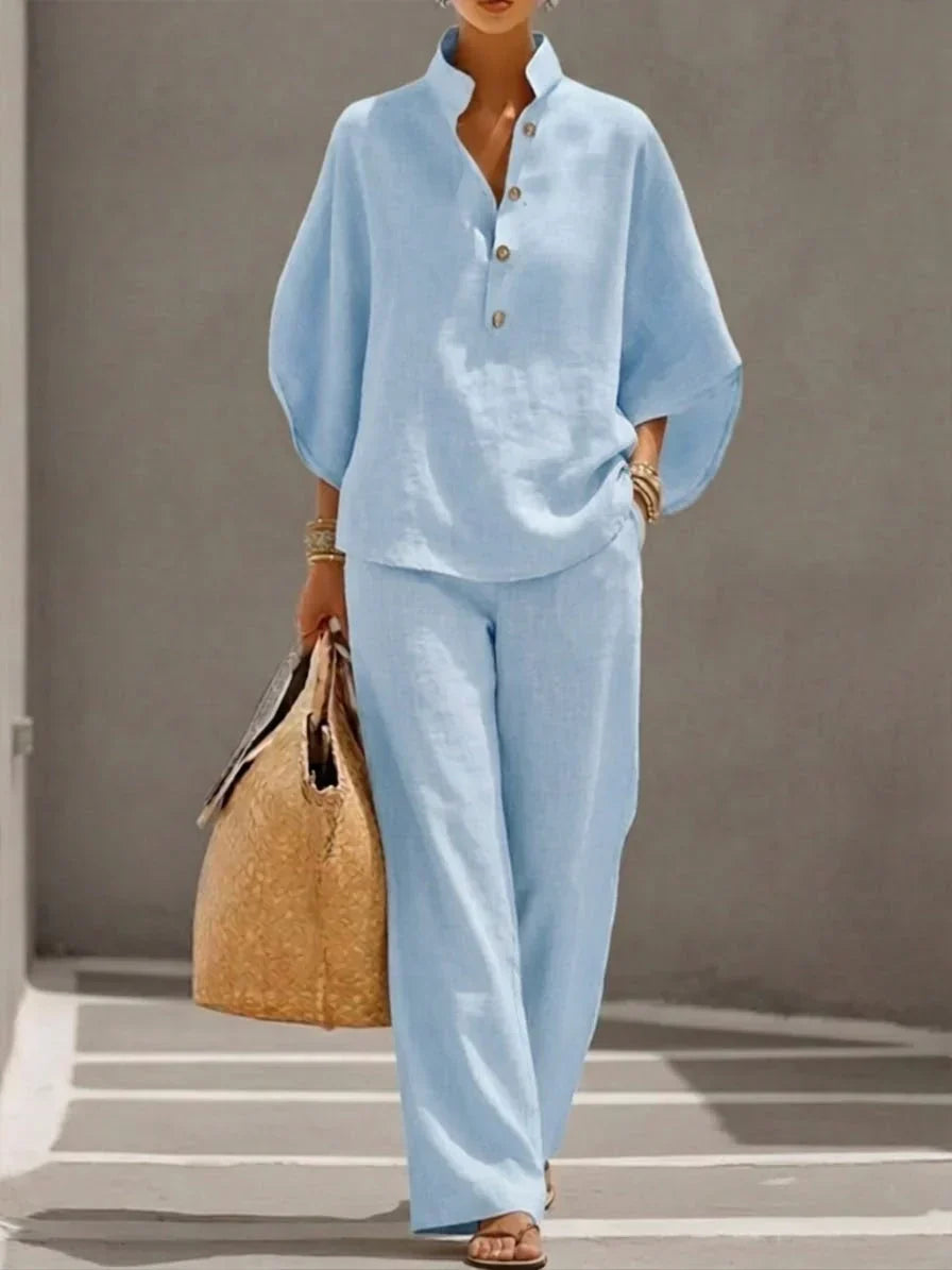 Arena |  Conjunto de lino camisa cuello mao y pantalón wide leg