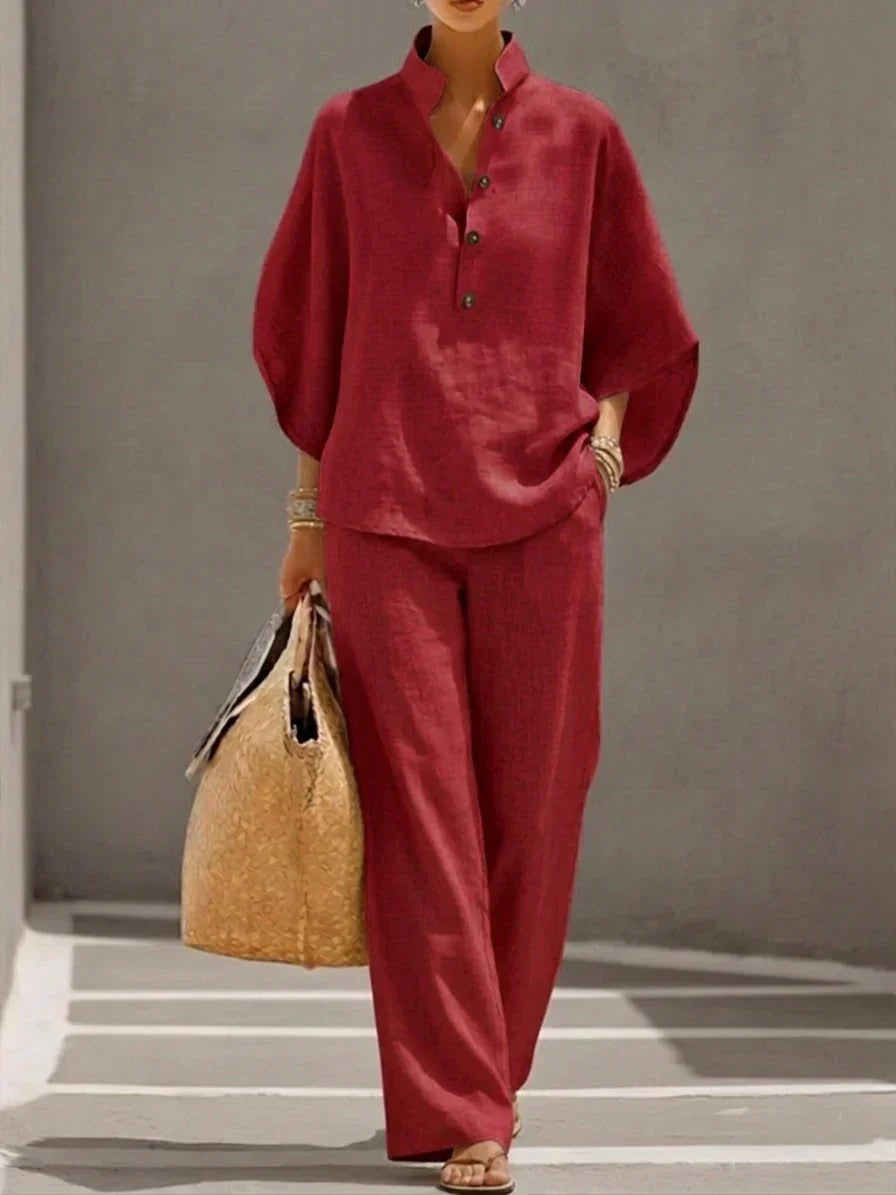 Arena |  Conjunto de lino camisa cuello mao y pantalón wide leg