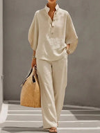 Arena |  Conjunto de lino camisa cuello mao y pantalón wide leg