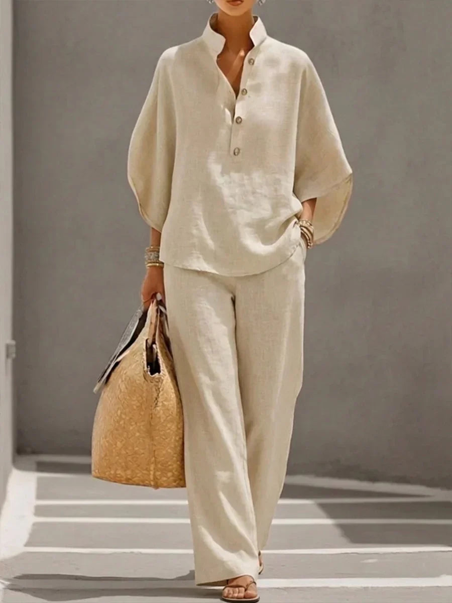 Arena |  Conjunto de lino camisa cuello mao y pantalón wide leg