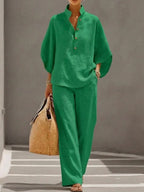 Arena |  Conjunto de lino camisa cuello mao y pantalón wide leg