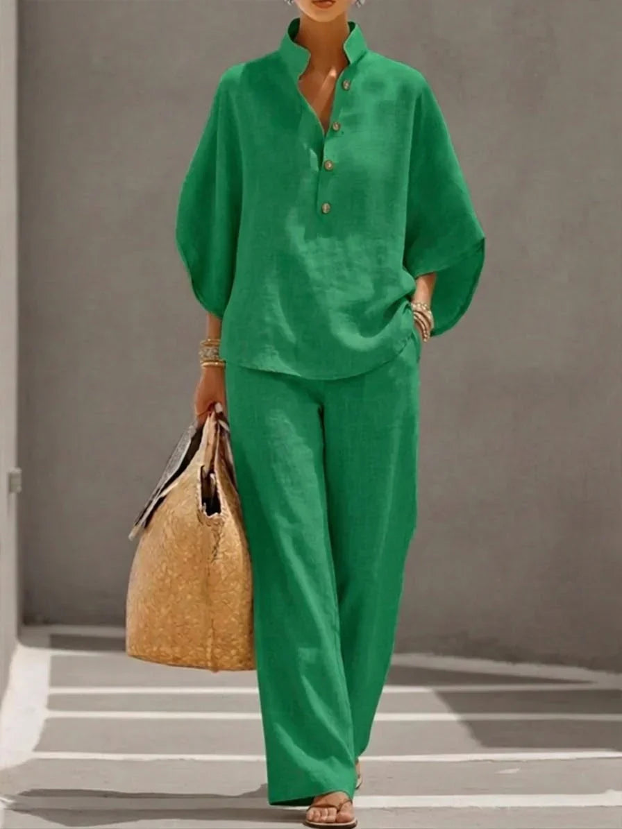 Arena |  Conjunto de lino camisa cuello mao y pantalón wide leg